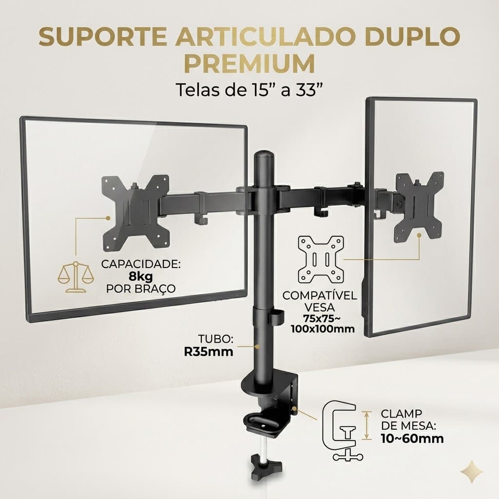 Suporte ajustável para dois monitores, de 13 a 32 polegadas, preto.