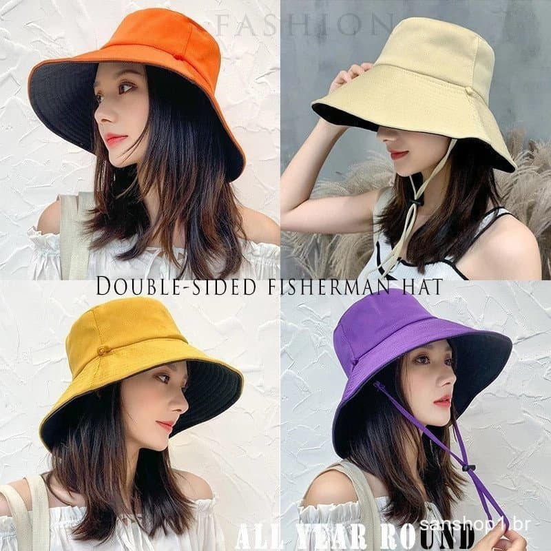 Chapéu De Balde Feminino Pescador De Dupla Face Verão Panamá Sun Visor Praia Aba Larga