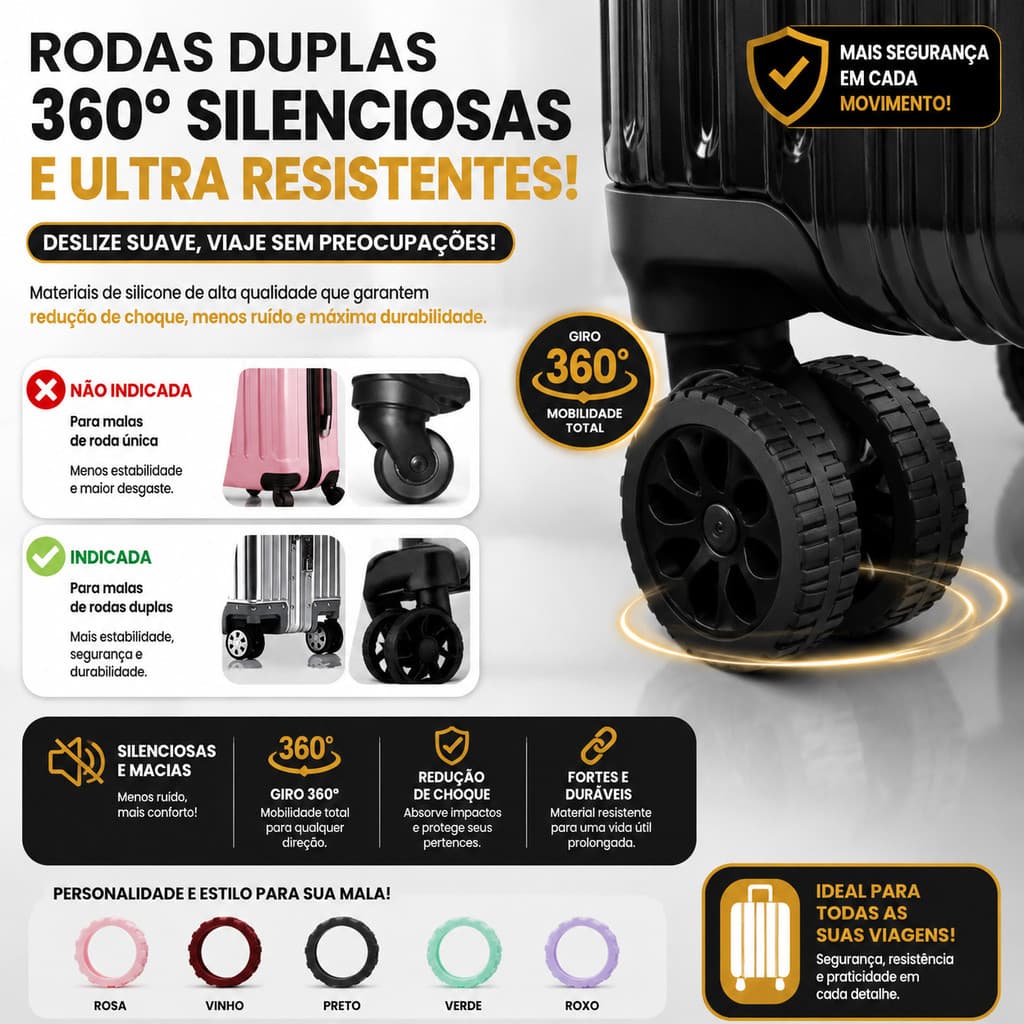 Protetor de Rodas Silicone KIT8 Universal Anti Ruído Anti Desgaste Capa Manga Rodízio para Malas de Despacho Aéreo