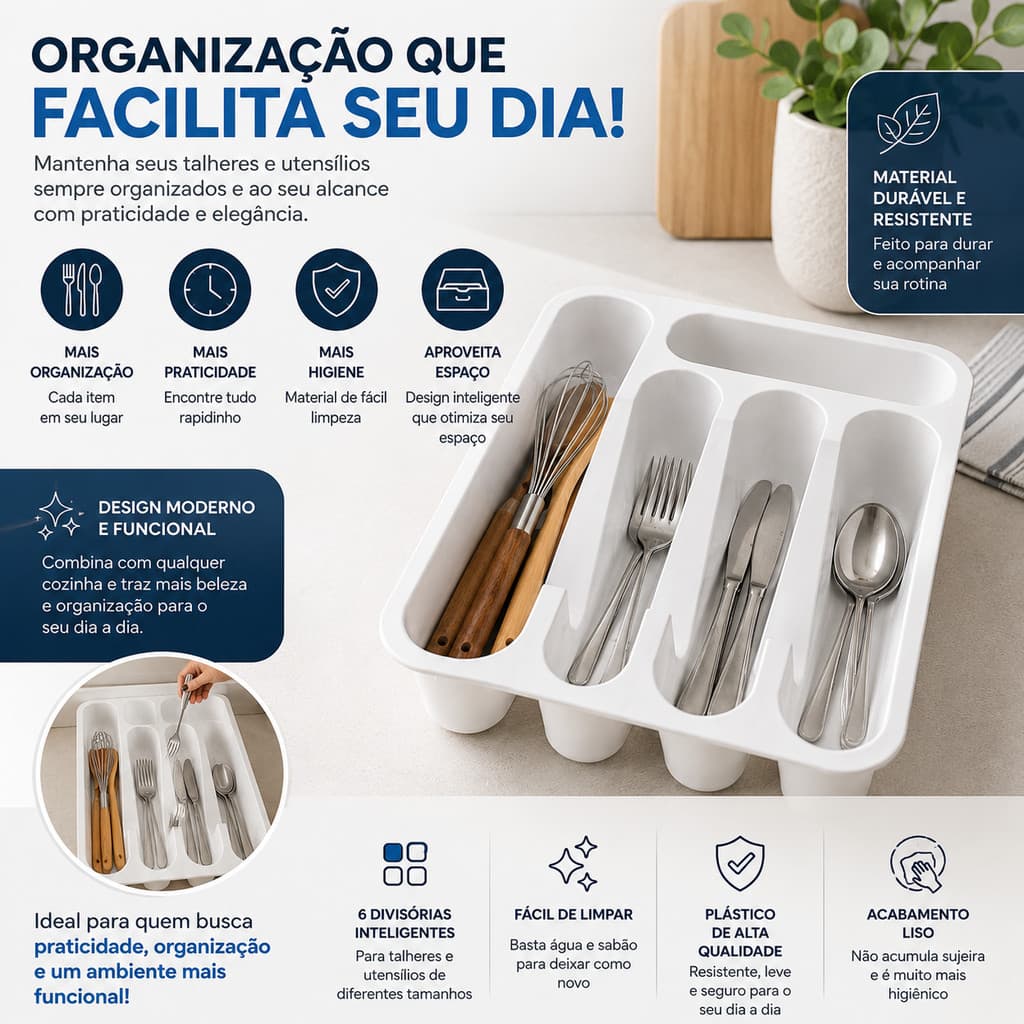 Organizador de Talheres - Porta Talheres de gaveta em Plástico Premium - Várias cores 35x25cm