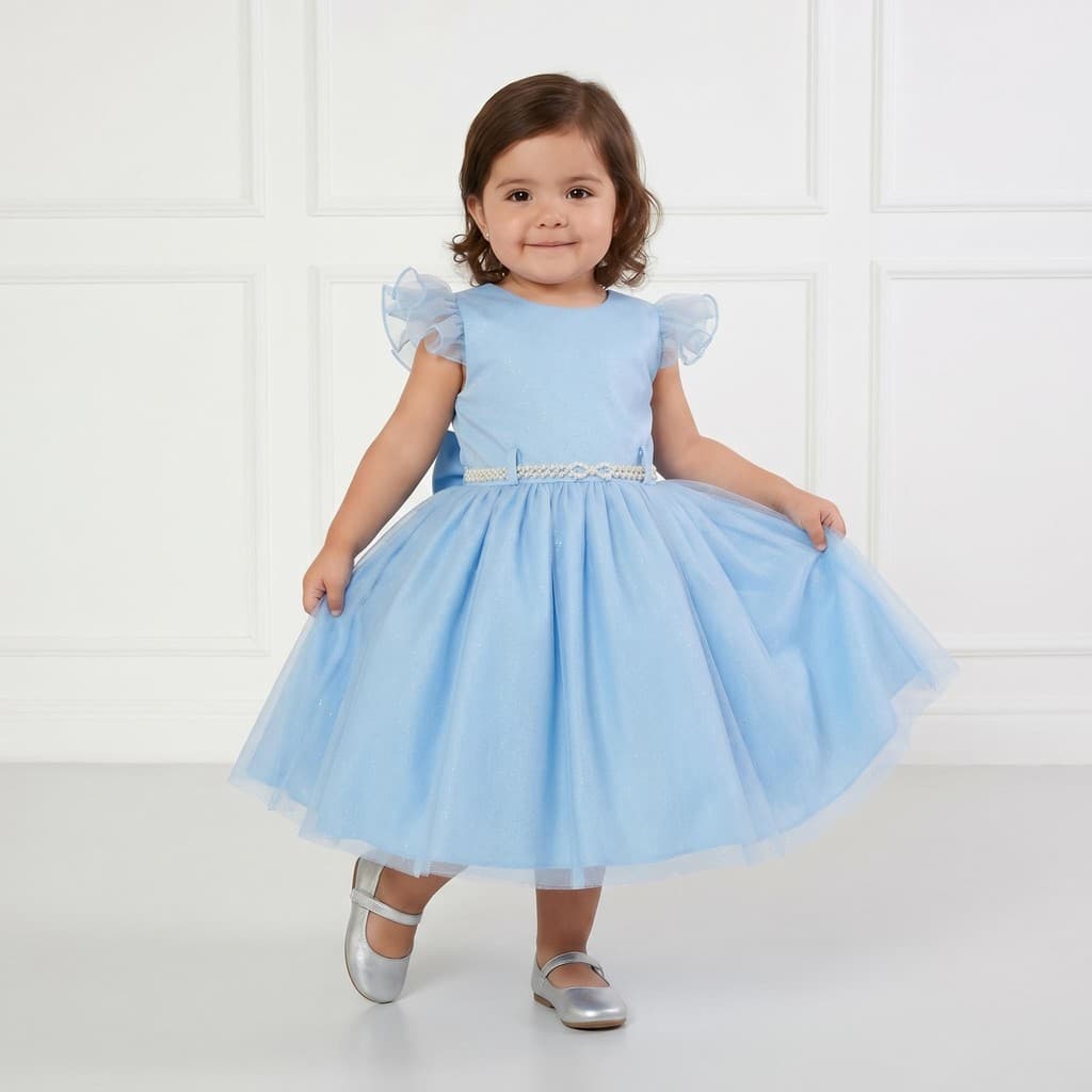 Vestido Infantil Glitter Godê Azul Bebê Princesinha Casamento