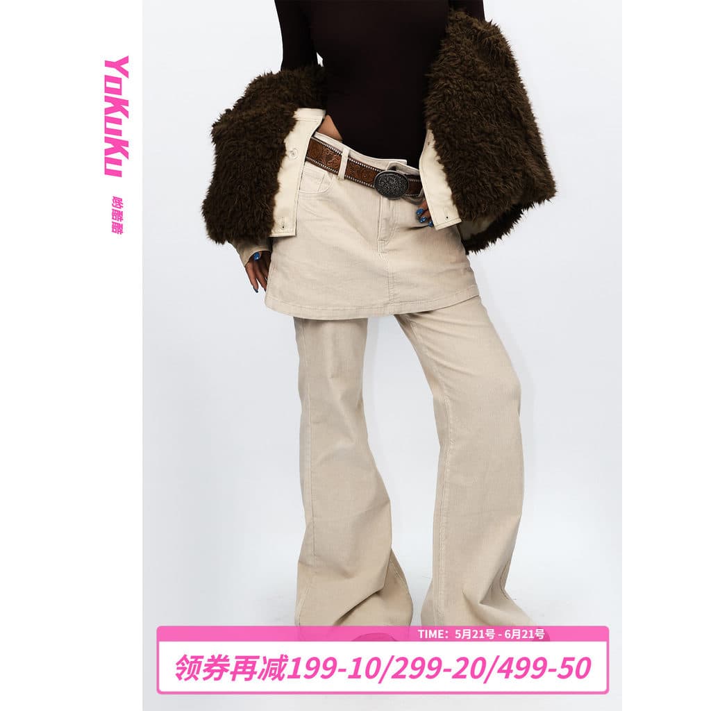Yocool (Retro Echo) Primavera Veludo Falso Calças Casuais de Duas Peças Mulheres Slim-Fit Micro-Flared Calças Femininas