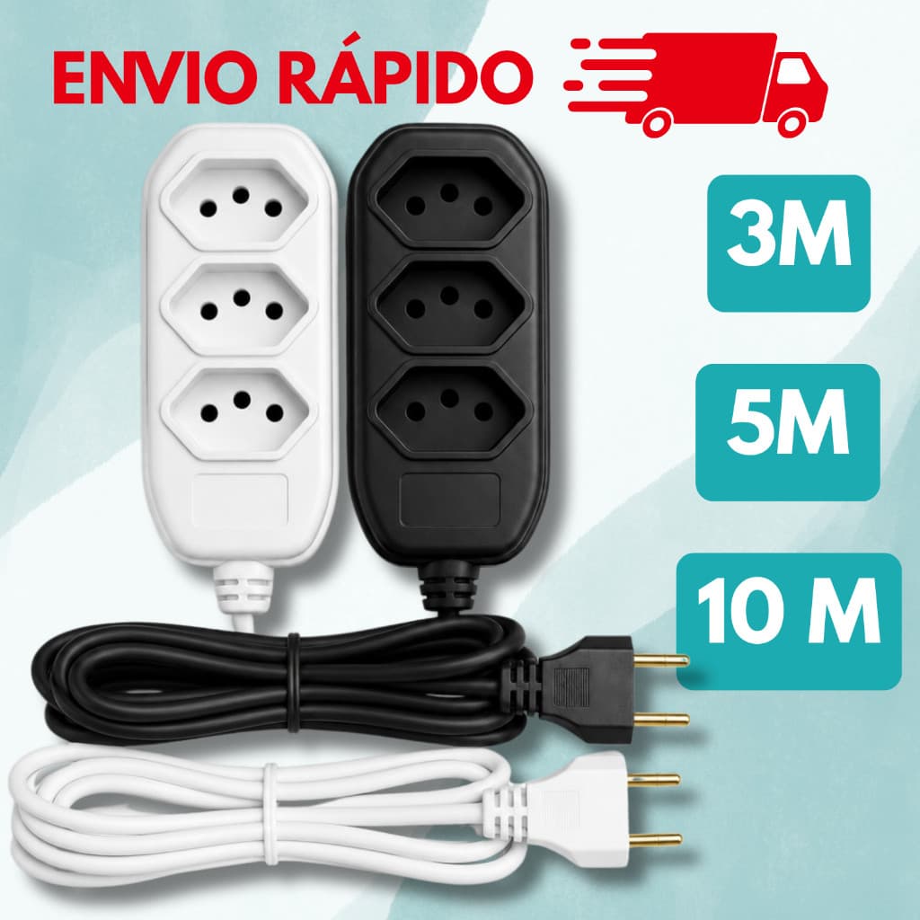 Extensão elétrica de 2, 3, 5 e 10 metros bivolt 110v/220v preta 3 pinos 10A padrão BRA NBR 14136
