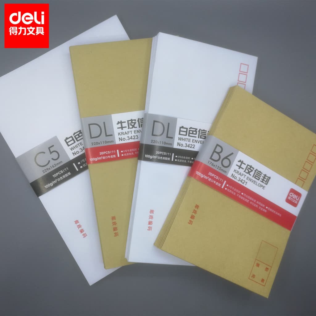 Saco Envelope de papel Kraft Deli No. 3/5/7 Amarelo Branco Cor Envelope Padrão Engrossado Post Office Envelope Fatura Re