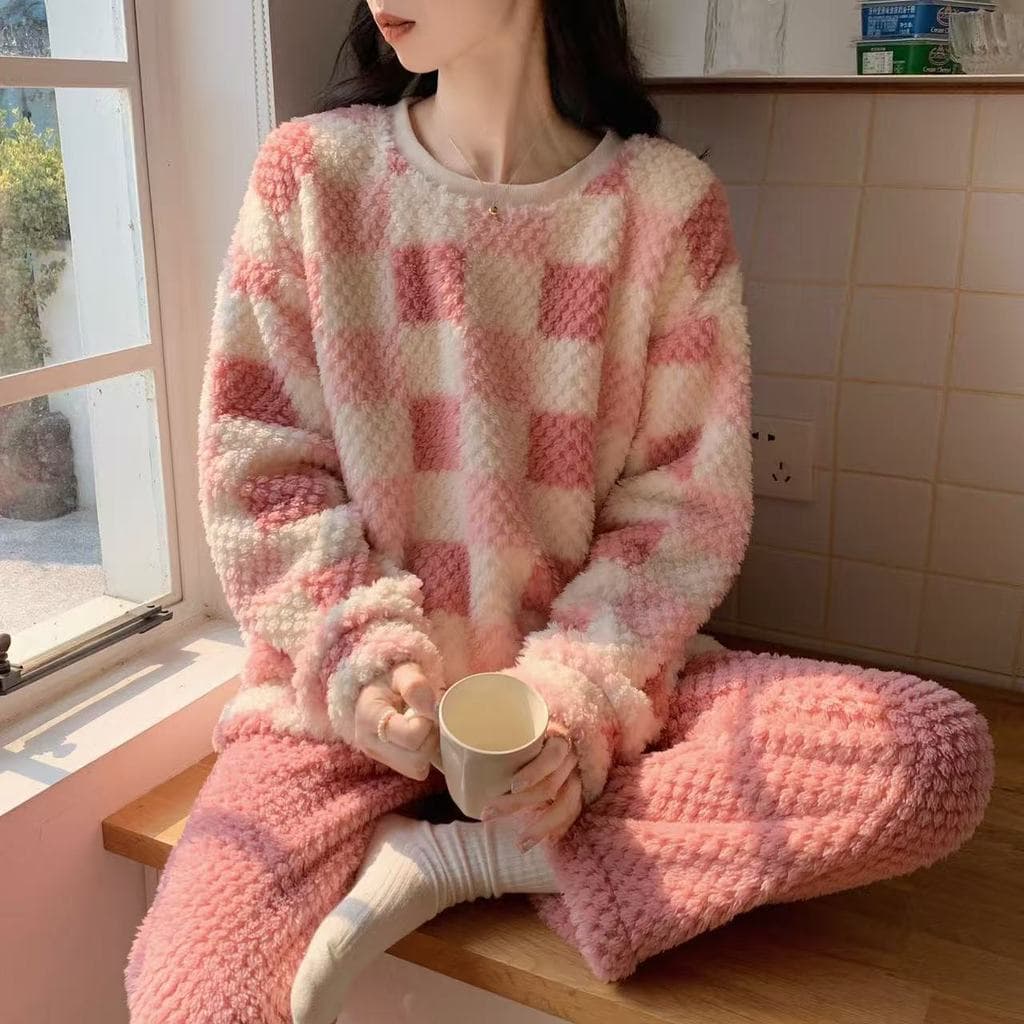 Conjunto de Pijama de Inverno Feminino em Algodão Xadrez, Top com Zíper e Gola Alta, Calças, Conforto Diário U2KO