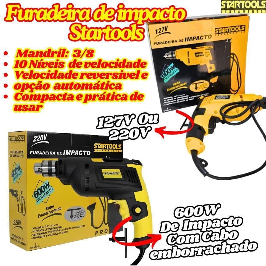 Furadeira De 600W Impacto Startools 10mm 220v Ou 127v Com Cabo Emborrachado Com Chave De Mandril