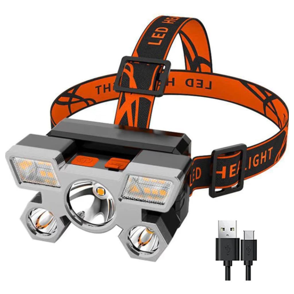 Lanterna De Cabeça Led Forte Potente 5 Spots Recarregável Usb Ajustável Luz Branca Camping Pesca Bike Oficina Mecânica