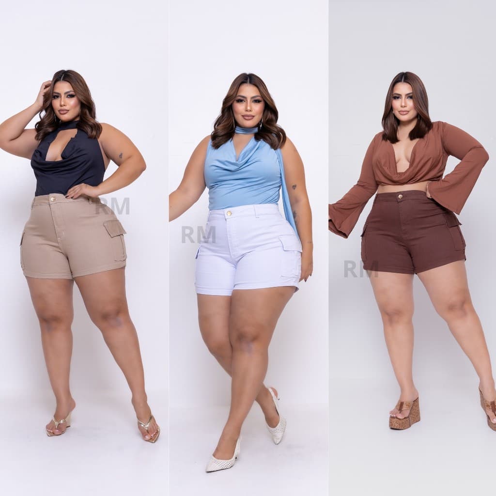 SHORT JEANS FEMININO CARGO PLUS SIZE COM LYCRA BARRA FEITA