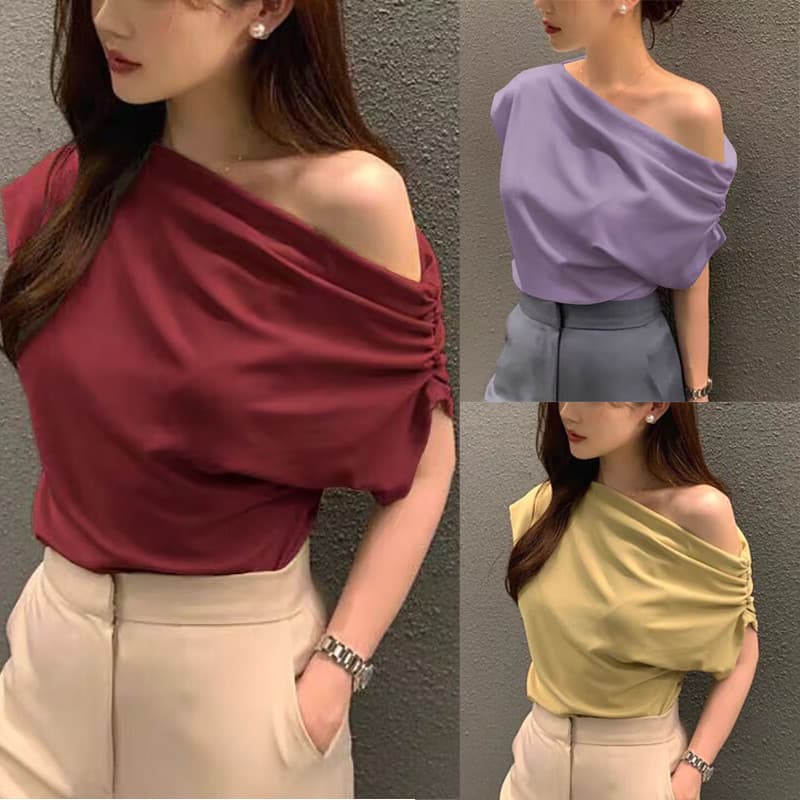 S-3XL Fora Do Ombro Topos Camiseta Feminina Manga Curta Oblíquo Plissado Cor Sólida Irregular Solto Verão Feminino Stree