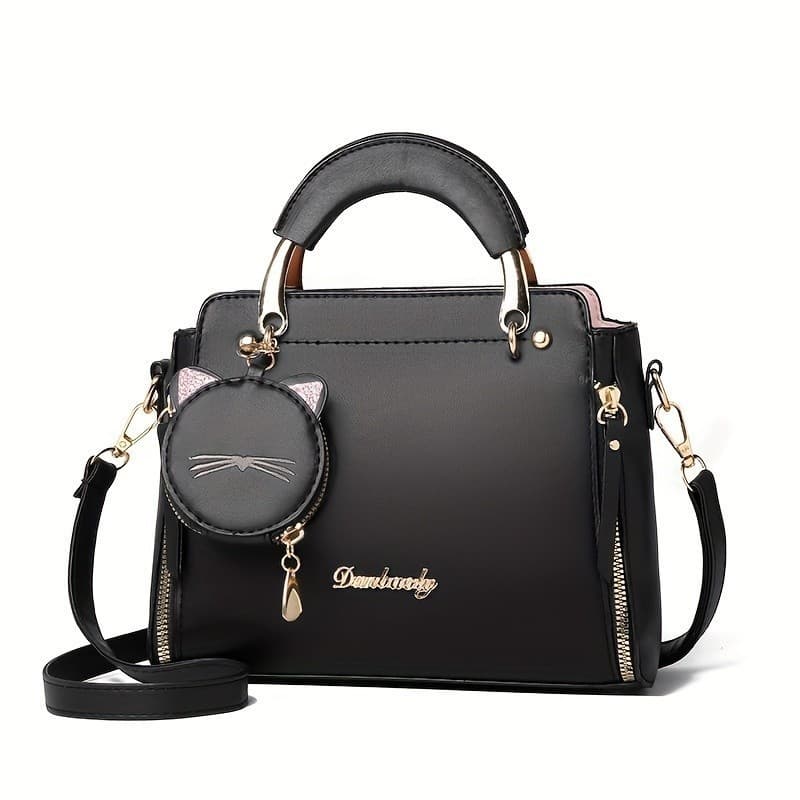 Bolsa De Ombro Casual Tiracolo Feminina Bordada Com Design De Gato, Alça Removível, Fechamento Com Zíper