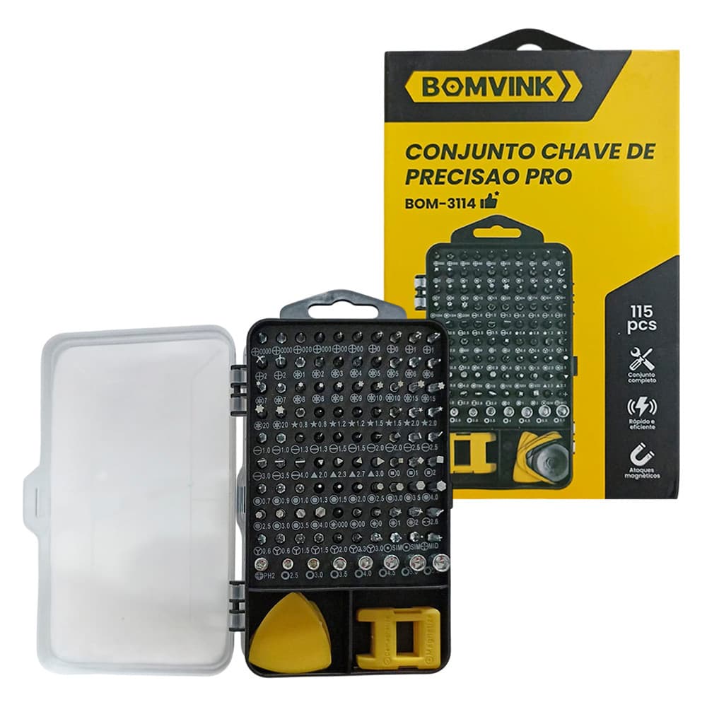 Kit Jogo de Bits 115 Peças Fenda/Philips/Triângulo/Torx/Allen BOM-3114 2 Jogos - BOMVINK