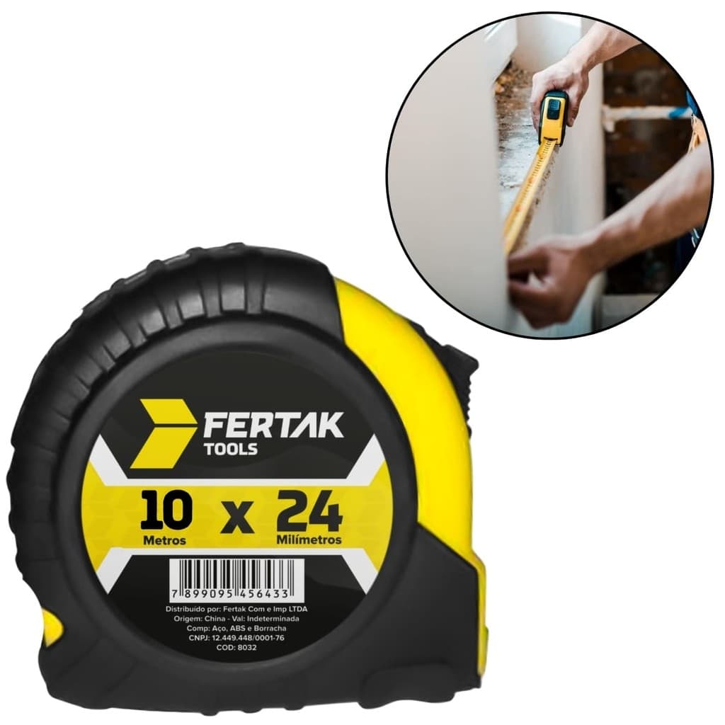 Trena Fita Métrica Emborrachada 10m x 24mm com Presilha Para Cinto e Alça Fertak Trena Longa de Precisão Obra