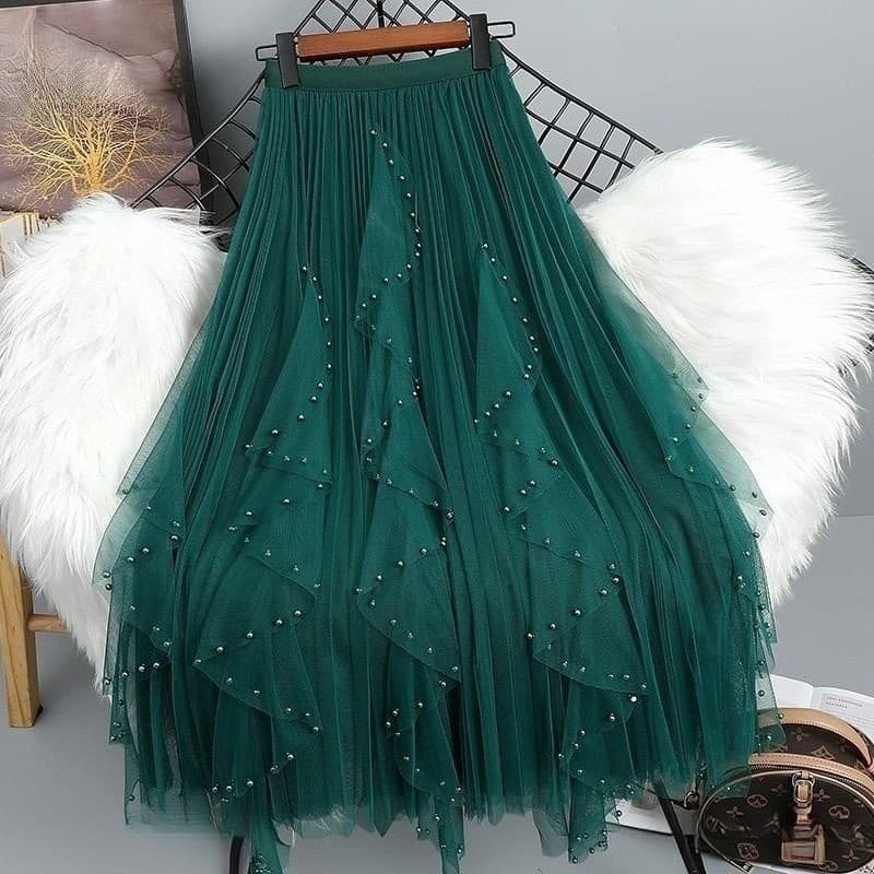 Moda Renda Bolo Saia Gaze Irregular Linha Drape Alto Wist Big Swing Longa 2SED
