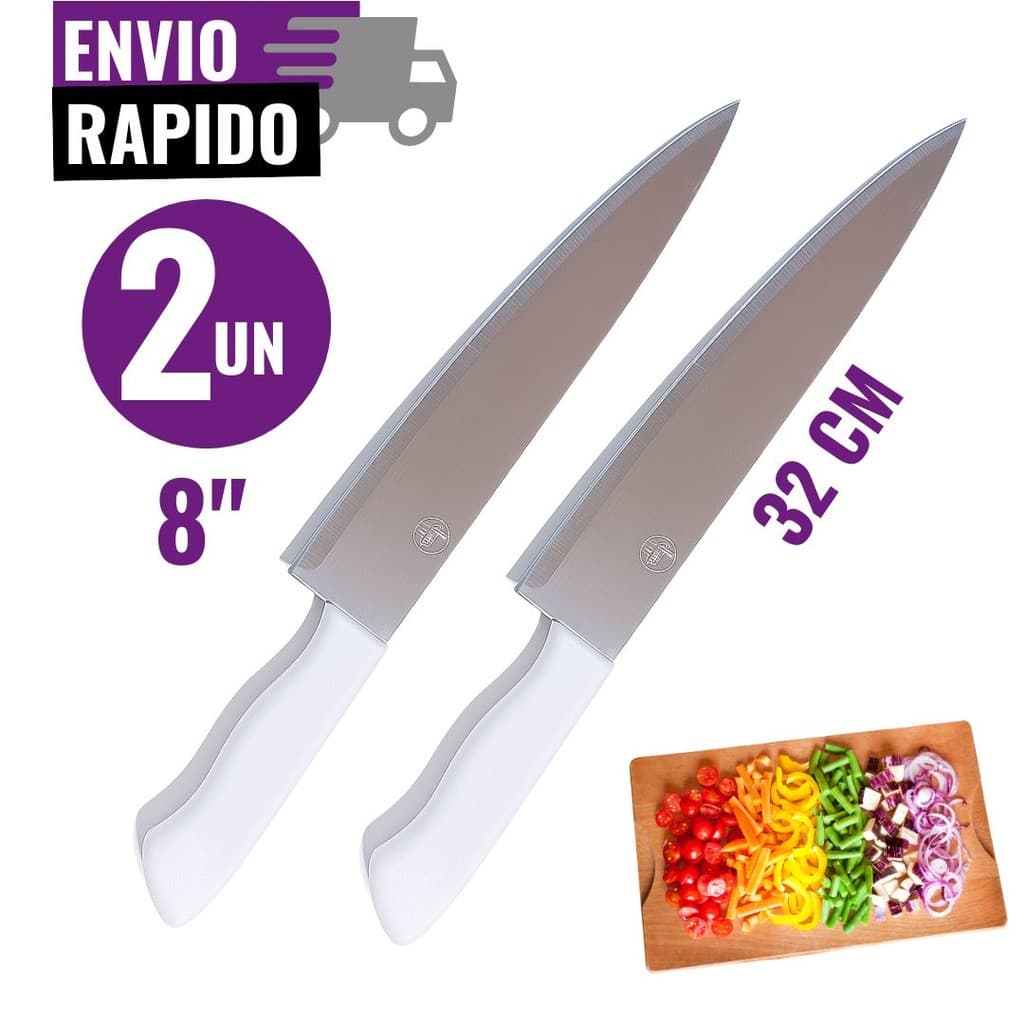Jogo 2 Facas Peixeira Profissional 8" Inox 32cm Chef Cabo Branco Ergonômico Corte Afiado Cozinha