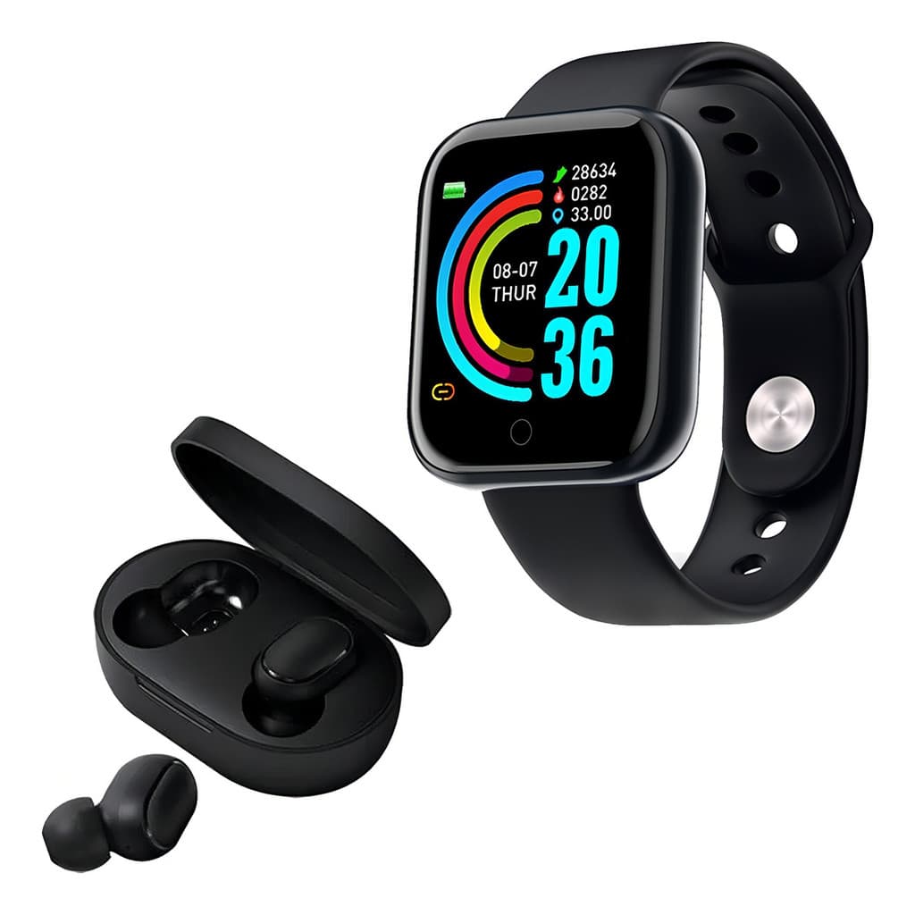 Relógio Smart Digital D20 Masculino/feminino + Fone Sem Fio Caixa Preto Pulseira Preto