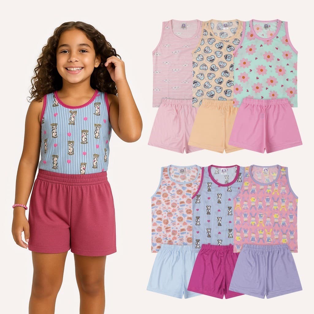 Kit 6 Conjunto Pijama Juvenil Regata Sortida Verão Menina 3 Camiseta + 3 Short