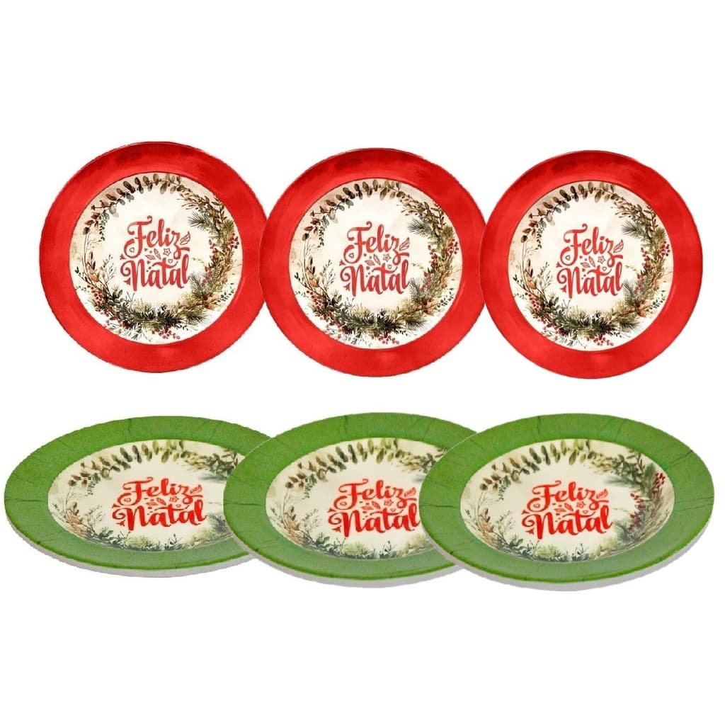 Conjunto 6 Pratos Feliz Natal Em Melamina Para Jantar 25cm