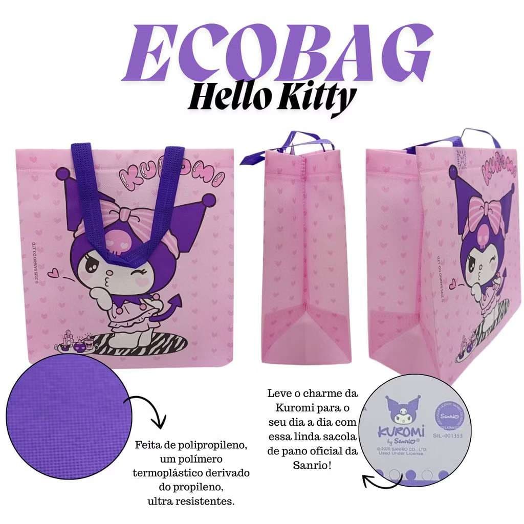 Sacola Kuromi Rosa Quadrada-Ecobag Reutilizável 29x29cm-Sacola Fofa para Compras, Escola e Passeios