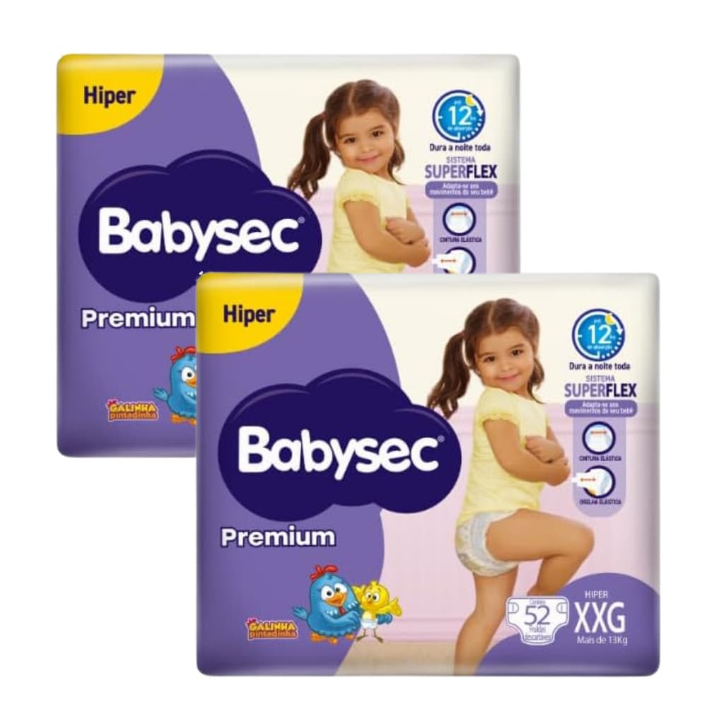 2x Fralda BabySec Premium Hiper XXG Galinha Pintadinha Pacote c/52unidades – Até 12h de Proteção