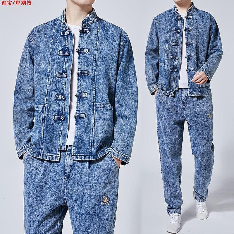 Estilo chinês jaqueta jeans masculina terno Retro fivela bordado Tang terno juventude gola solta rua Wear jaqueta