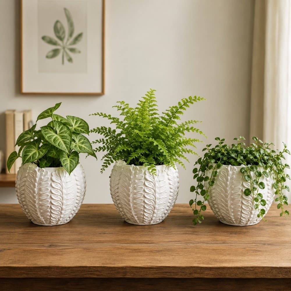 Kit 3  Vasos Branco Decorativo com Design de Folhas em Relevo – Perfeito para Plantas e Ambientes