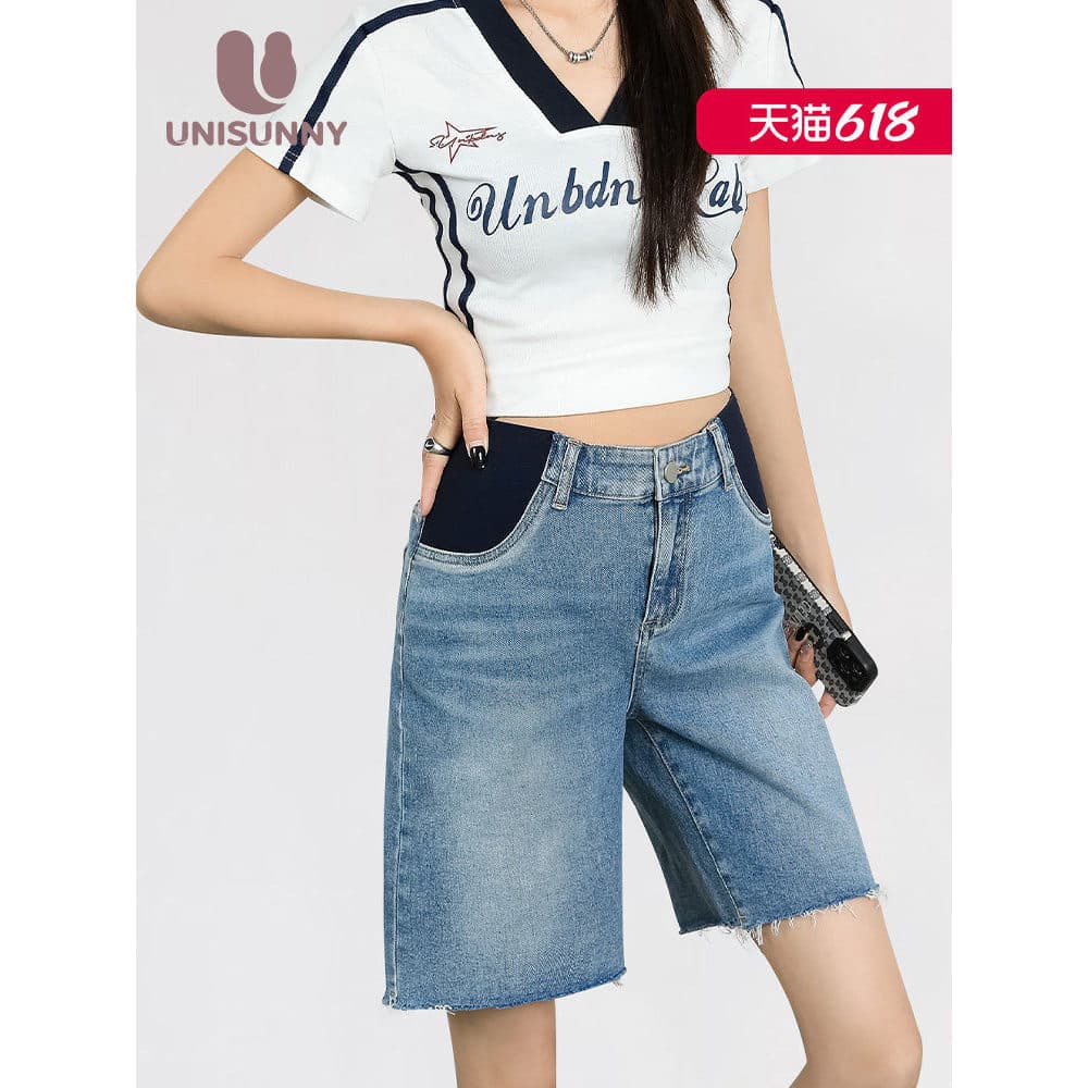 Unisunny Shorts de maternidade verão Plus Size Jeans exterior Wear fino Casual calças de perna reta sem barriga elevador
