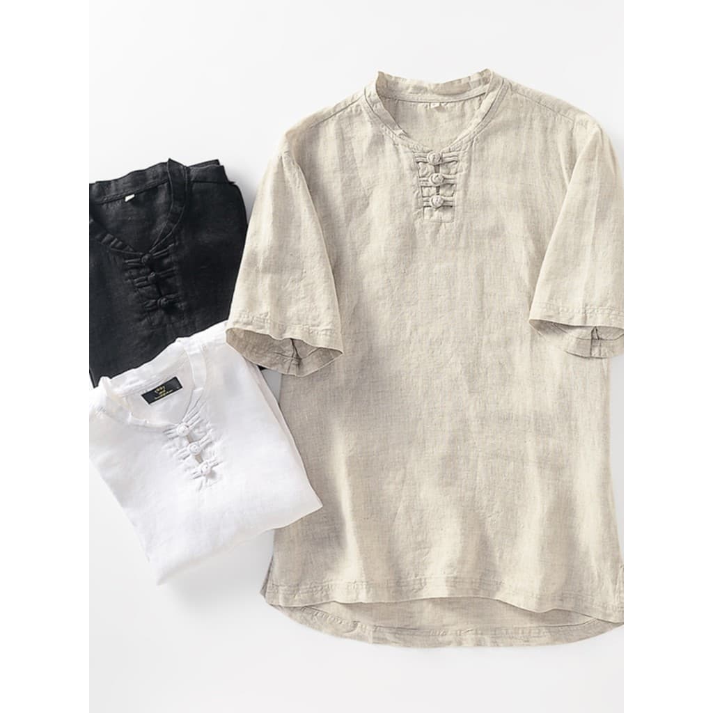 High-End puro linho de manga curta camiseta masculina verão estilo fino estilo chinês masculino Retro fivela pequena gol