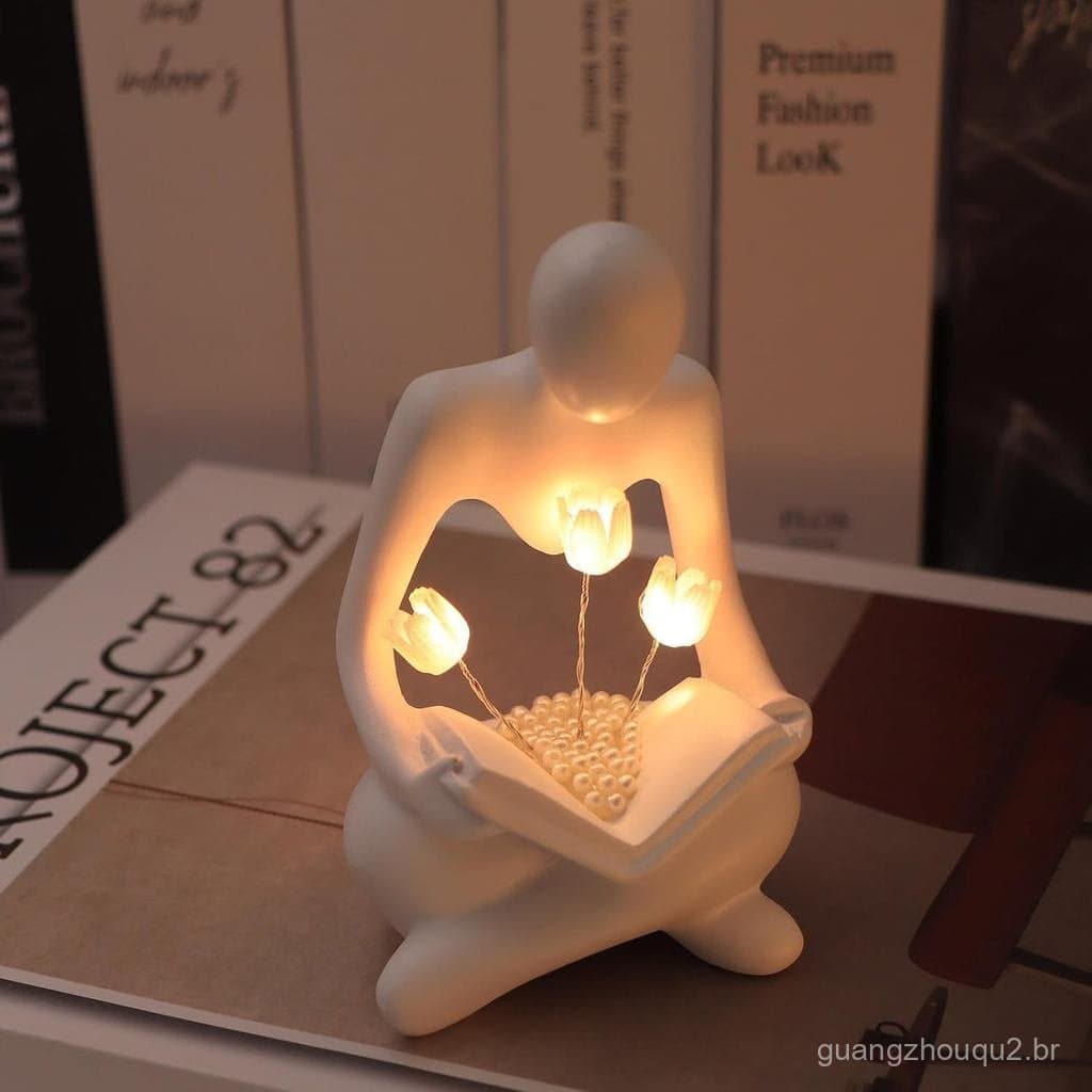 Luminária de Leitura Escultura Tulipa, Estatueta do Pensador, Luz Noturna Alimentada por Bateria, Decoração Moderna Abst