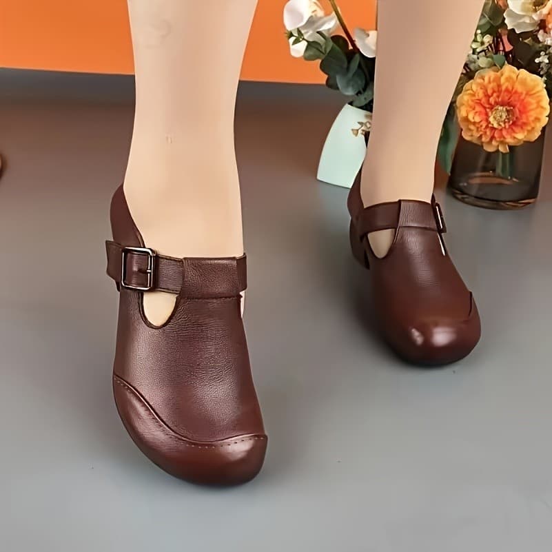 Sapatos Femininos Retro de Salto Médio Grosso, Bico Redondo com Fivela, Sapatos Casuais de Salto Grosso para Primavera/O