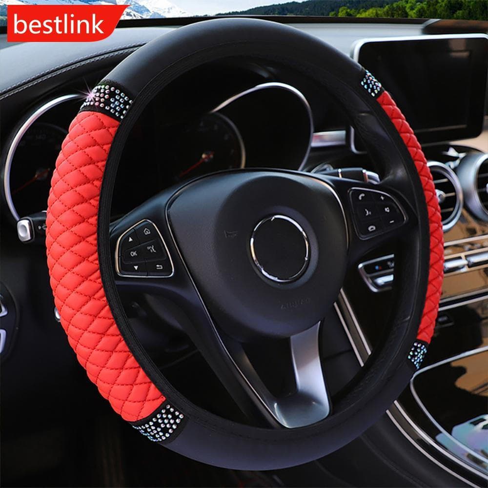 BESTLINK 1Pc Capa Universal Para Volante De Carro Em Couro Bordado Cor Cravejada De Diamantes Elástica 37-38cm Four Seas
