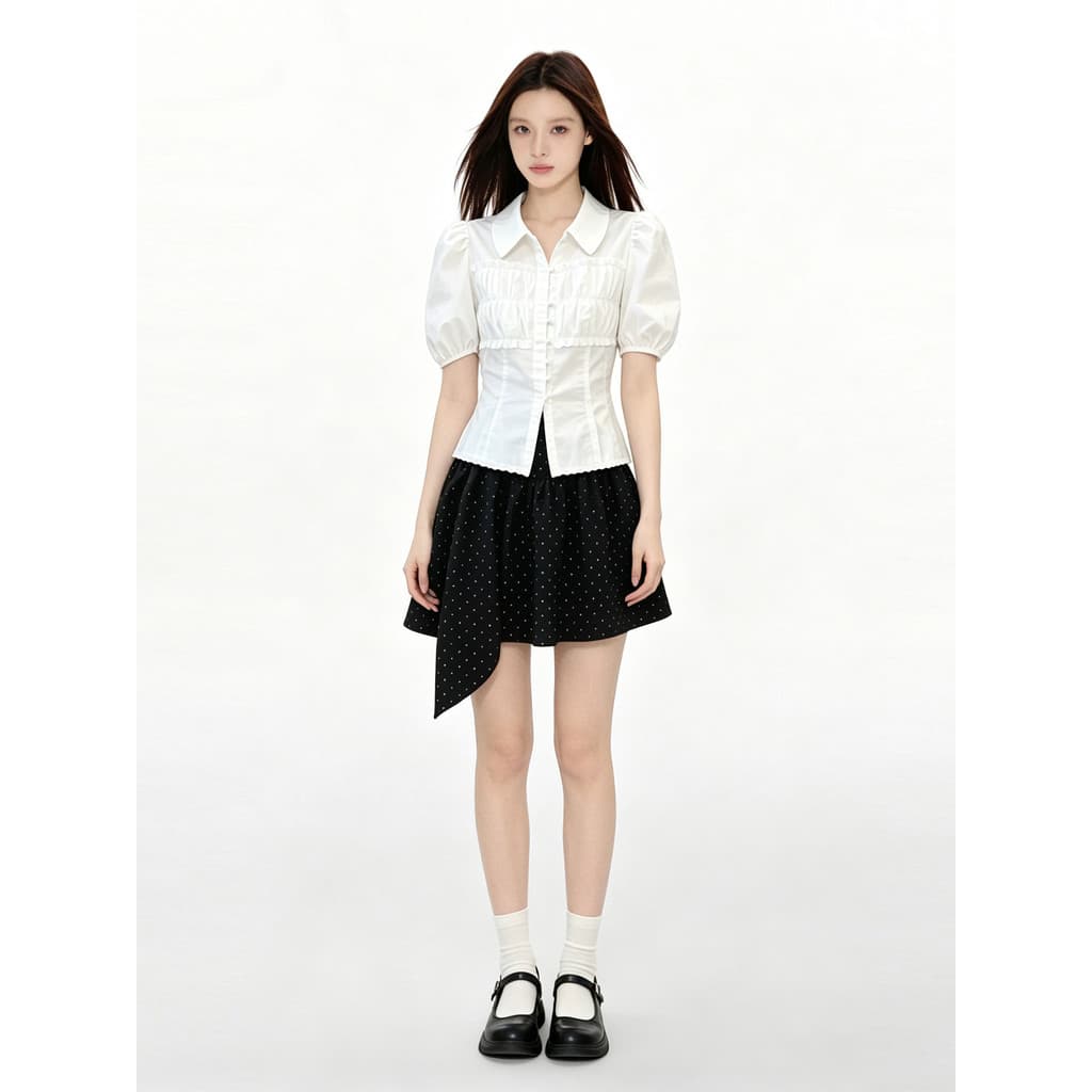VERUMI estilo coreano manga bufante camisa de cintura estreita feminina cintura alta saia de bolinhas verão redução de i