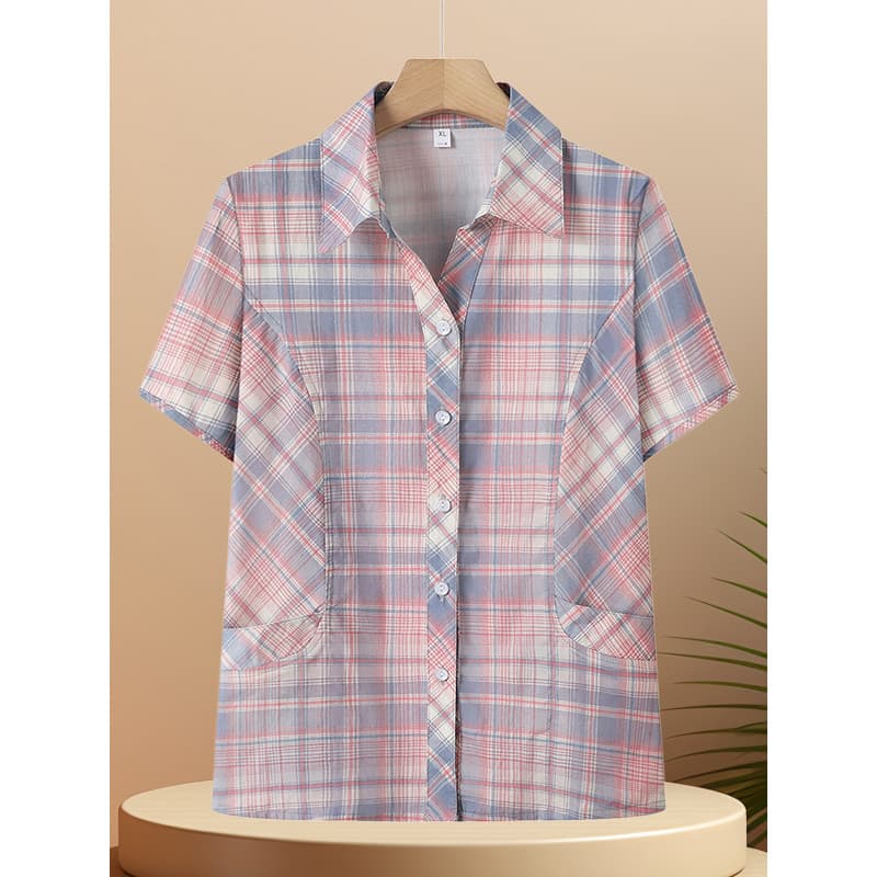 Mãe usar Casual puro algodão xadrez camisa de meia-idade idosos feminino curto lapela Cardigan tamanho grande solto cami
