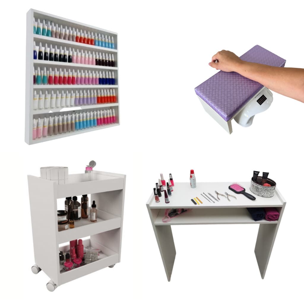 Kit Profissional para Manicure – Mesa + Carrinho + Prateleira + Apoio de mão