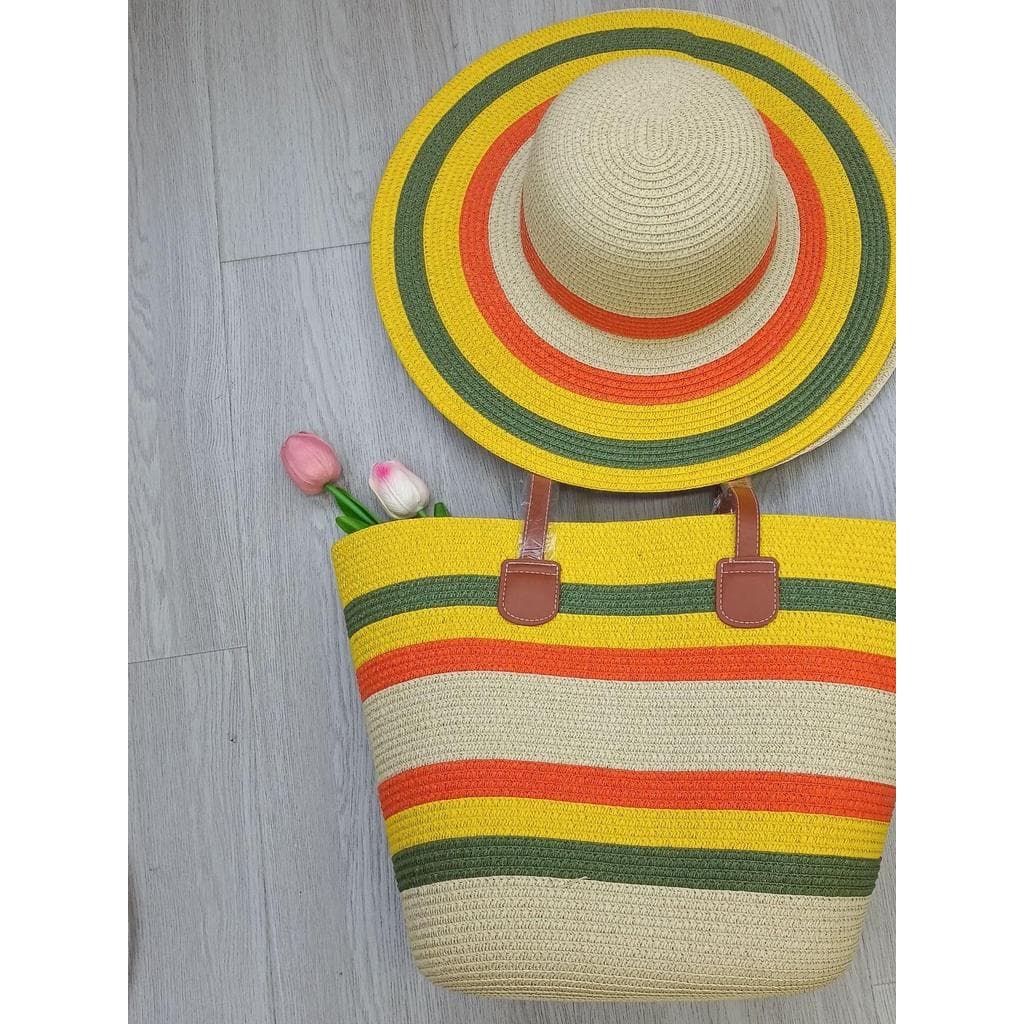Moda tendência colorido listrado chapéu saco conjunto senhoras verão praia passeio viagem bolsa de ombro palha tecido
