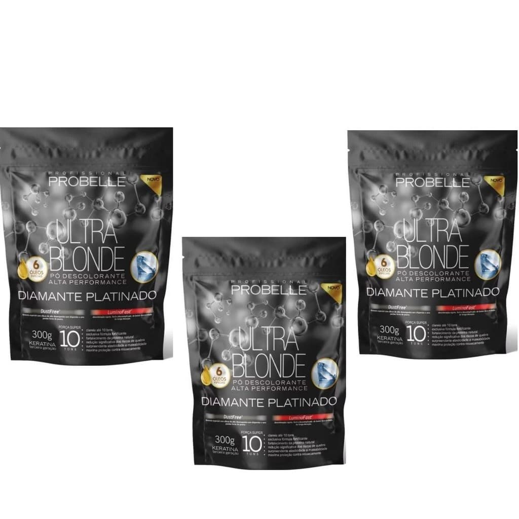 KIT 3 Pó Descolorante Diamante platinado Stand Pouch 300 G  Probelle