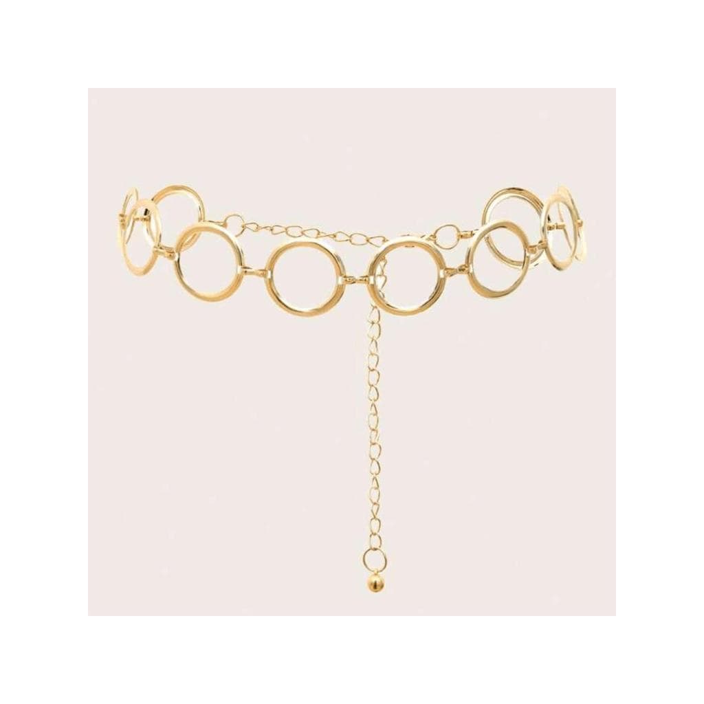 Cinto de Corrente Metálico Dourado Feminino, Modelo com Argolas e Extensão Ajustável para Looks Elegantes