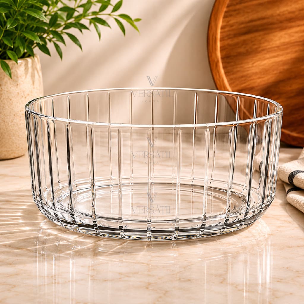 Saladeira 1800ml em Vidro Bowl Grande Tigela Sobremesa para Servir Transparente Requintada Canelada Listras Mesa Posta