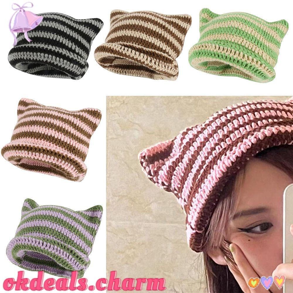OKDEALS Ins Little Devil Skullies Boné Outono Inverno Pulôver Apontado Chapéus Femininos Listrados