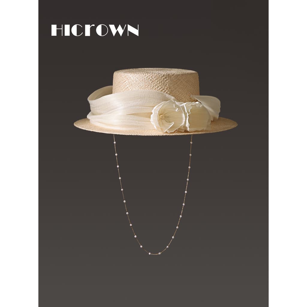 Verão francês ráfia plana chapéu feminino elegante senhoras Retro artesanal flores fio de linho de seda pára-sol férias
