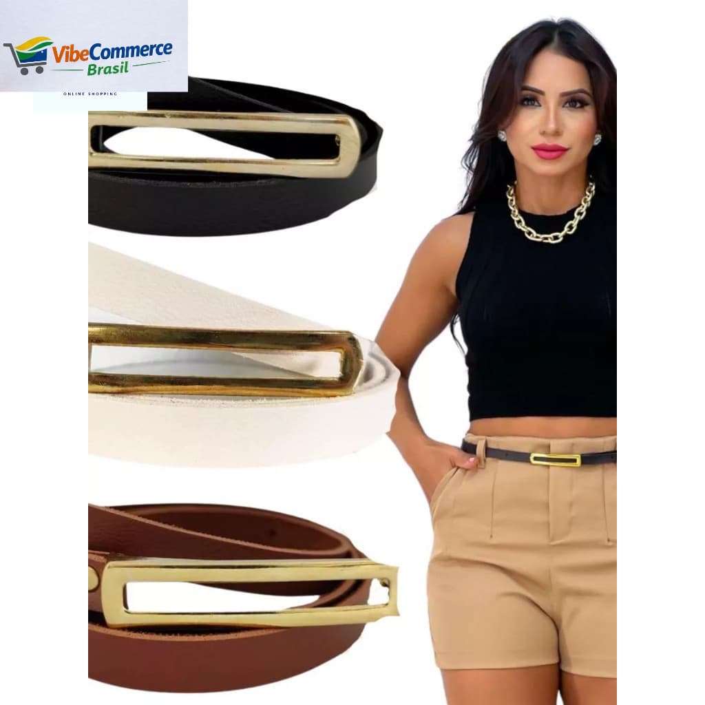 Cintos Femininos Elegante Retangular Fino Fivela Dourada blogueira