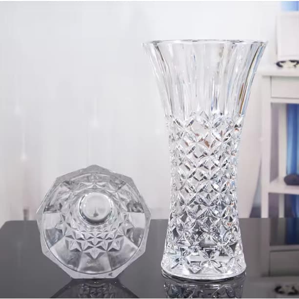Vaso de Vidro 23cm Lapidado Grosso Resistente Decoração Sala Festa Plantas Flores