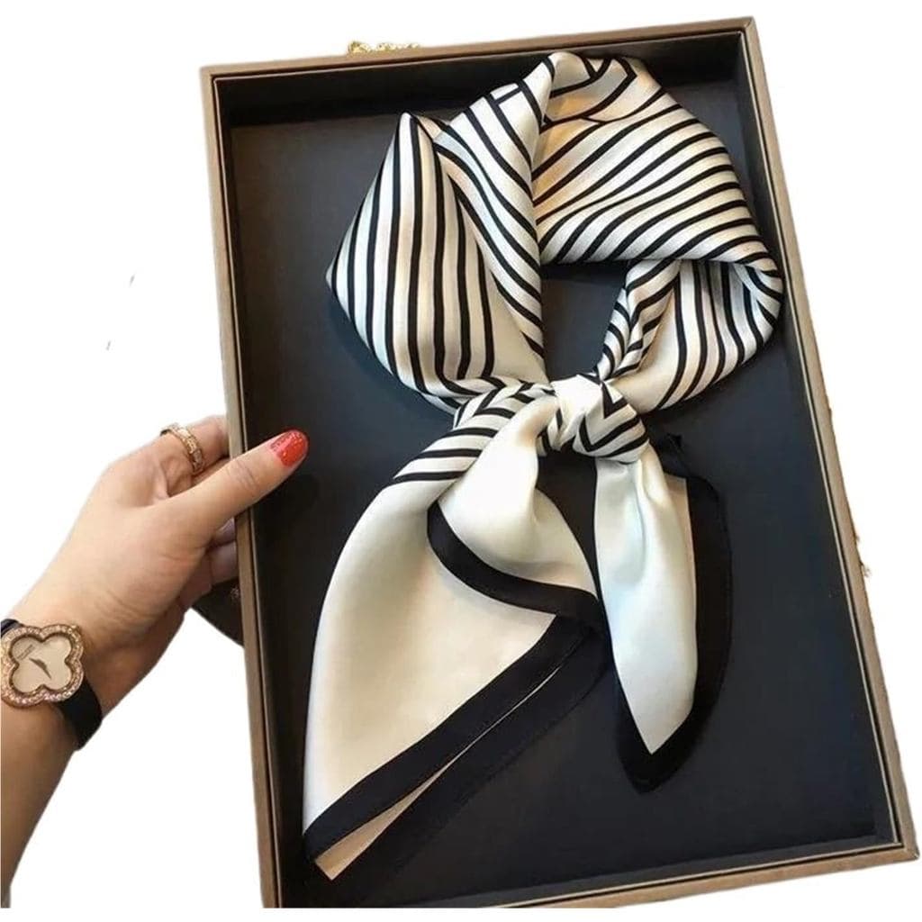 Lenço de Seda para Mulheres, Lenço de Cetim de Seda Feminino, Lenço de Cabeça Quadrado com Estampa Listrada