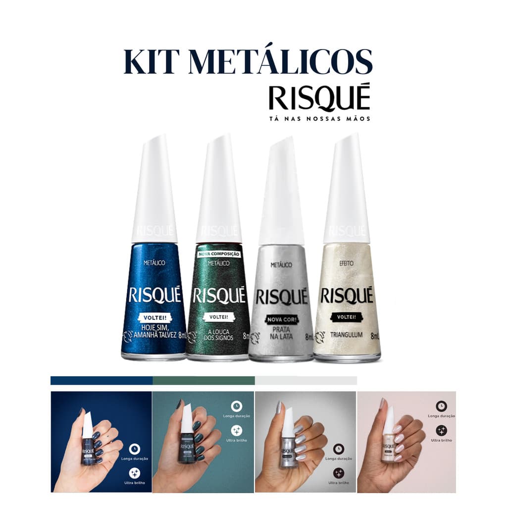Kit 4 Esmaltes Metálicos Risqué Unhas Manicure 8ml