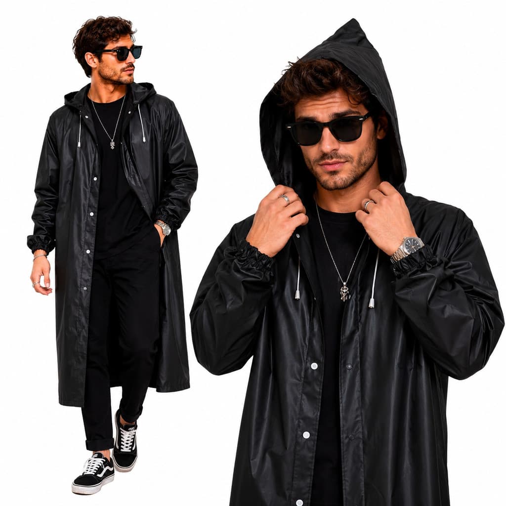 Capa de Chuva Cor Preta Reforçada Pvc Forrado Com Capuz