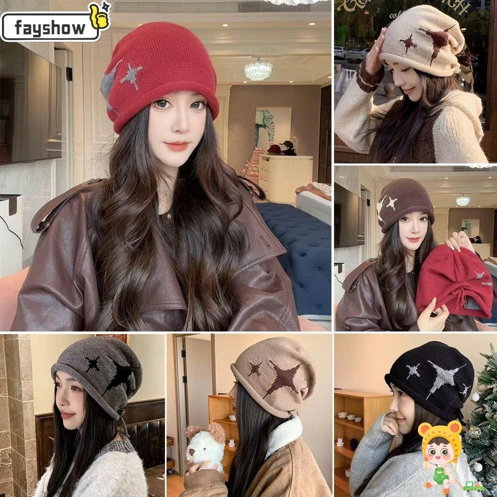 Chapéu De Lã Tricotado FAYSHOW , Gorro Com Cordão Padrão De Estrela Espessado , Boné De Cabeça À Prova De Frio Para Mant