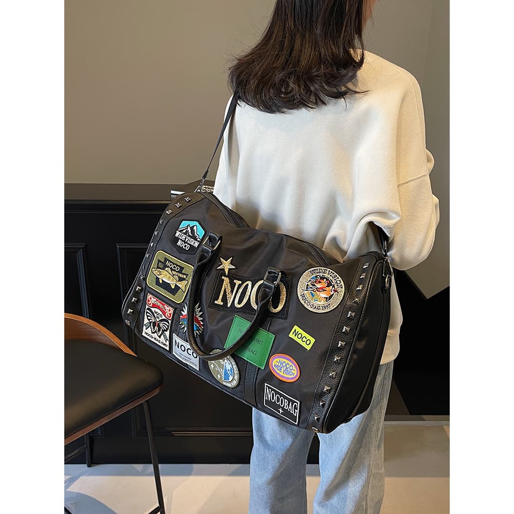 Moda saco de viagem novo estilo bordado emblema portátil das mulheres dos homens bolsa de ombro grande capacidade de cur