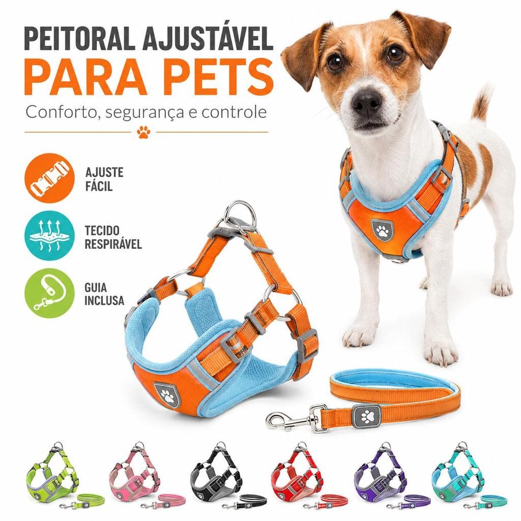 Peitoral Ajustável para Cães e Gatos com Guia Inclusa, Respirável, Confortável e Seguro para Passeios-G