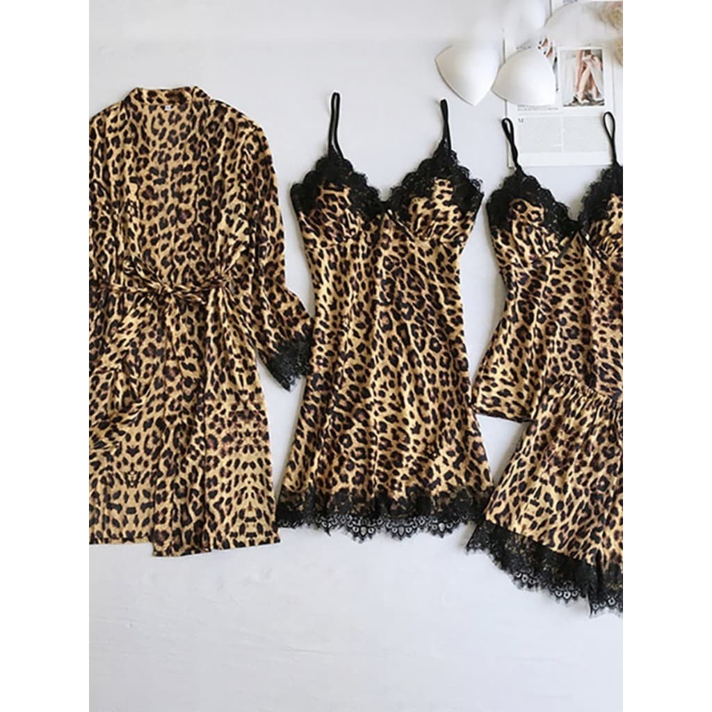 Conjunto De Pijama Feminino Com Estampa De Leopardo E Borda De Renda