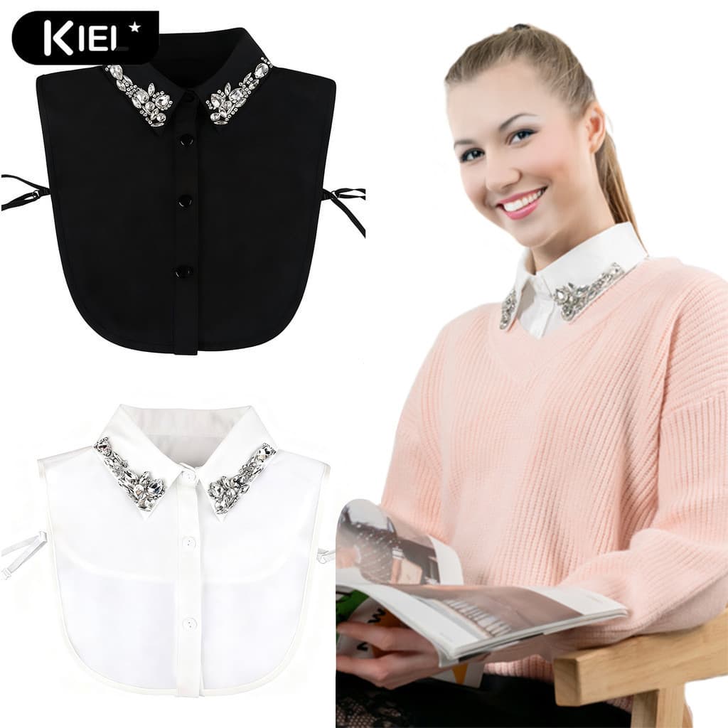 Kiel_Women Strass Colar Falso Destacável Chiffon Dickey FALSE Collar Com Alças Ajustáveis Camisas Falsas De Meio Comprim