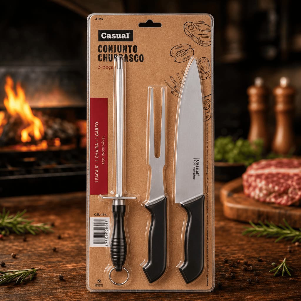 Kit Churrasco Profissional 3 Peças Inox Facão Chaira Garfo Trinchante Cozinha Faca Aço Inoxidável Amolador Preto